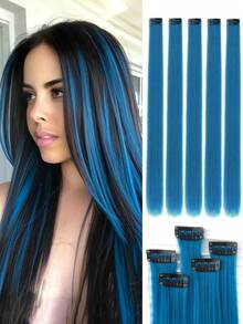 5pcs Blue Hair Clips Extensions, Women Synthetic Fiber Wigs, Can Match Various Hairstyles Without Going To Salon, Suitable For Daily Use And Parties