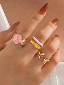 3 件套不锈钢简约 18K 镀金粉色珐琅花戒指，适合女性日常佩戴 - 彩色 - 查看 3