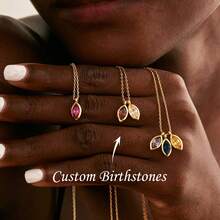 Customized Birthstone Leaf Necklace, Oval Birthstone Necklace, Anniversary Family Gift, Birthday Gift, Grandmother Gift, Mother's Day Gift (For Her) - Multicolor - View 3