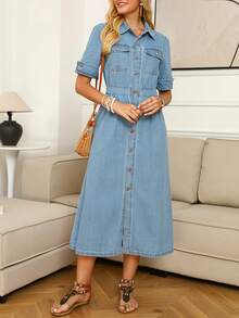 Women's Denim Shirt Dress - Long Vintage Wash Button Front Dress With Utility Pocket For Casual Style - Medium Wash - View 6