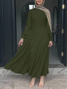 Đầm nữ màu trơn cổ tròn tay phồng dáng rộng thanh lịch mùa xuân - màu xanh lá - Xem 2