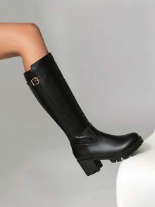 Women's Fashion Black PU Leather Boots, Solid Color Commuting Mid-Calf Boots, Casual Over-The-Knee Boots, Comfortable High-Shaft Boots, Retro Equestrian Boots, Platform Long Boots, Chunky Heel Leather Boots, Versatile Mid-Heel Women Boots, Belt Buckle Decor Boots, Easy To Wear Skinny Side Zipper Leather Boots, Western Style Buckle Long Boots, Block Heel Women Shoes - Black - View 5