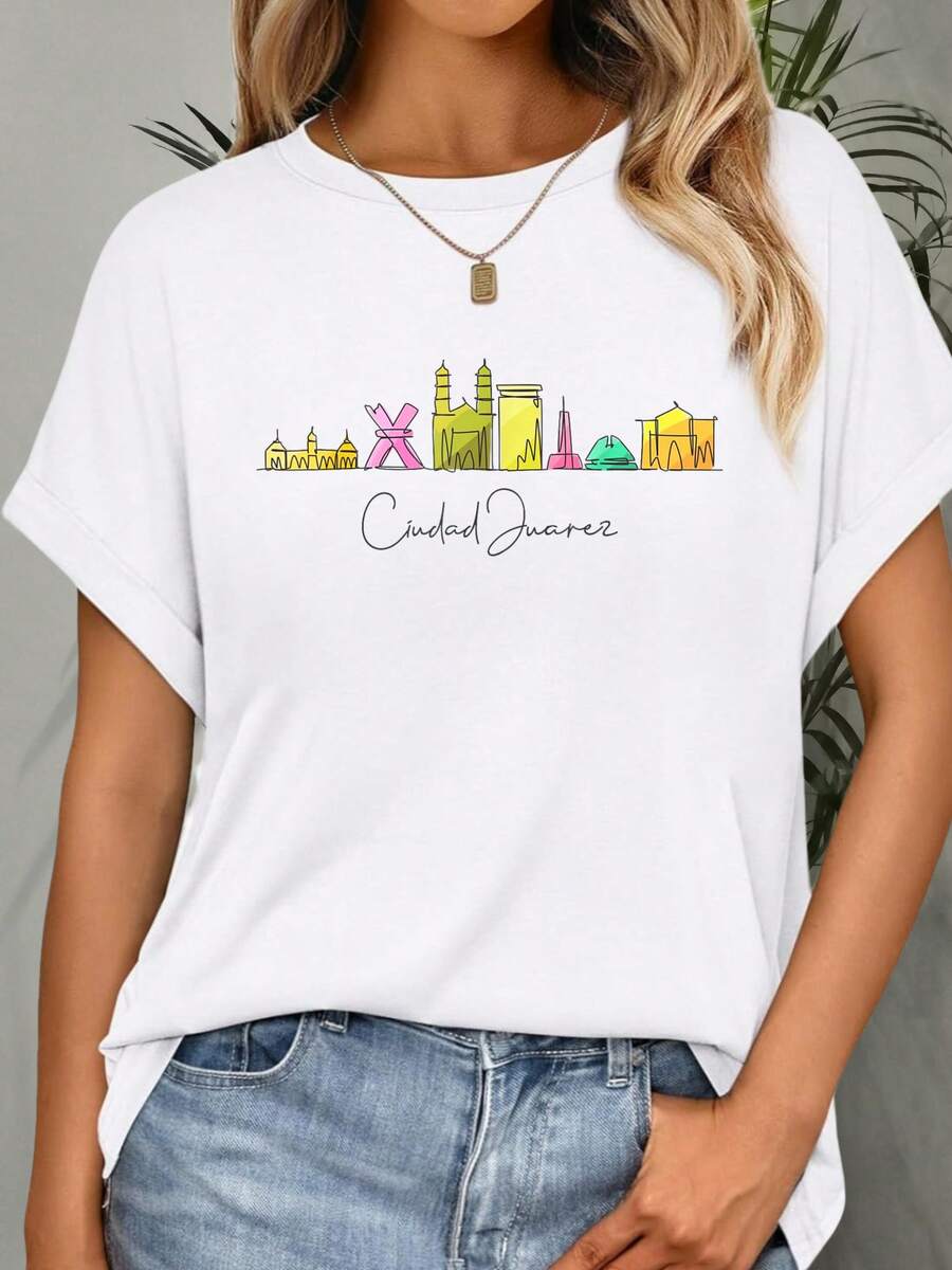 100% algodón Camiseta de viajeéxico Ciudad Juárez Chichen Itza Camisetas impresas para mujeres - Blanco - Ver 1