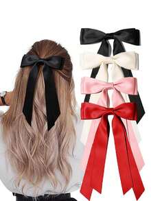 4个缎面蝴蝶结发夹，纯色蝴蝶结发卡，可爱蝴蝶结发圈，金属发夹，女士/女孩发爪，发饰，学习用品，头部饰品，发卡 - 彩色 - 查看 6