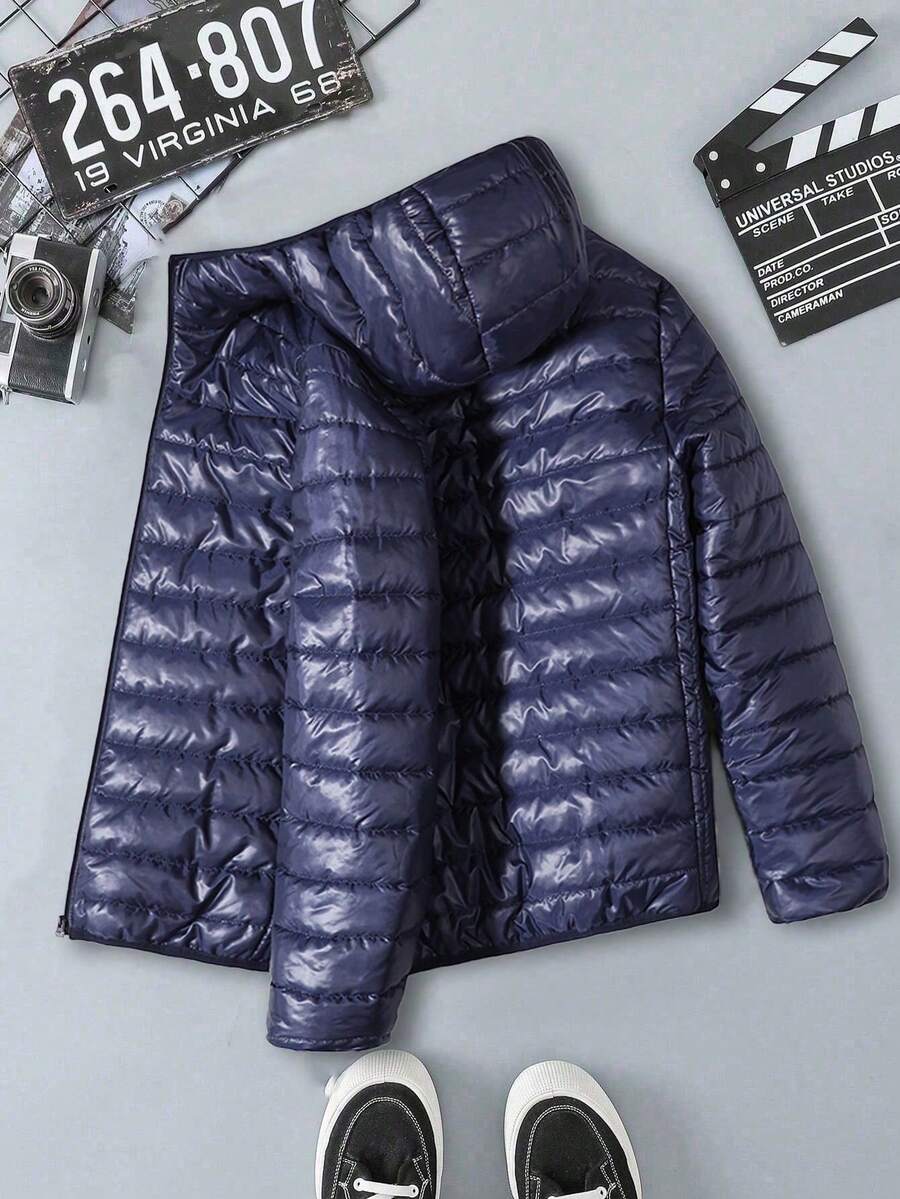 Men's Autumn/Winter Casual Outdoor Cotton Long-Sleeved Hooded Quilted Warm Fleece Zipper Jacket - Navy Blue - View 1