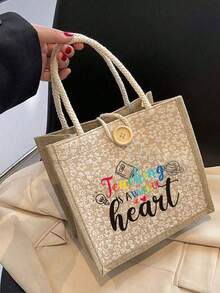 1 pezzo "Miglior insegnante" Borsa a tracolla in lino con stampa floreale, borsa riutilizzabile con stampa per donne, borsa a doppia maniglia per libri e shopping, borsa a spalla di grande capacità, borsa casual, borsa per il Natale, adatta per pendolarismo, scuola, shopping, attività all'aperto, regalo per amici, fidanzata, festa dell'insegnante, vacanze e festività - Cachi - Visualizzare 6