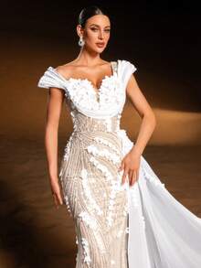 Faeriesty Haute Glamour Elegant Sparkly Beaded Evening Gown With Floral Appliques & Sequin Details – Sleeveless Sweetheart Neckline, Fitted Mermaid Silhouette, Ethereal Tulle Overlay For Formal Galas & Weddings For Women