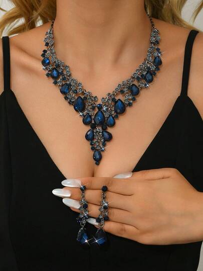 Bộ trang sức nữ 3 món - Dây chuyền và bông tai, đính đá lấp lánh, thời trang, thanh lịch và sang trọng, phù hợp cho đám cưới, tiệc tùng và các dịp trang trọng.