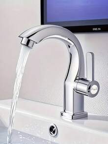 1个现代单孔锌合金水龙头，单冷水浴室洗手盆水龙头，单把手高拱形浴室洗手盆水龙头，带陶瓷阀芯，抛光拉丝表面，适用于厨房、酒吧、浴室和洗手间，家庭、酒店和房车洗手盆，现代家居必备配件，送给家人和朋友的惊喜礼物