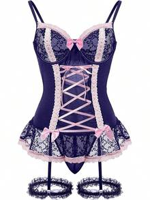 Sheer Mesh Corset Lace-Up Garter Belt Babydoll Lingerie Set - Navy Blue Pink - View 11