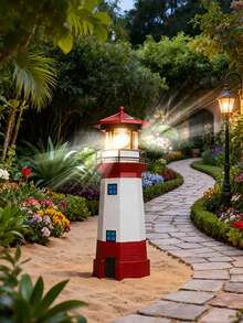 1pcs/2pcs  Outdoor Garden Solar-Powered Red Lighthouse, Ocean-Themed Floor-Standing ABS Resin Simulated Lighthouse Statue, 180° Rotating Lamp, Waterproof IP44 Creative Landscape Decorative Lamp, Micro-Landscape Interactive Tracking Lamp, Suitable For Garden, Courtyard, Front Porch, Lawn, Back Garden Decoration, Outdoor Solar-Powered Garden Decorative Lamp (400mah) - Đỏ - Xem 2