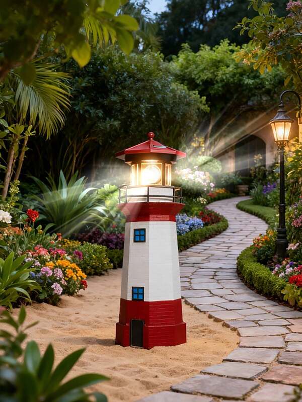 1pcs/2pcs  Outdoor Garden Solar-Powered Red Lighthouse, Ocean-Themed Floor-Standing ABS Resin Simulated Lighthouse Statue, 180° Rotating Lamp, Waterproof IP44 Creative Landscape Decorative Lamp, Micro-Landscape Interactive Tracking Lamp, Suitable For Garden, Courtyard, Front Porch, Lawn, Back Garden Decoration, Outdoor Solar-Powered Garden Decorative Lamp (400mah)