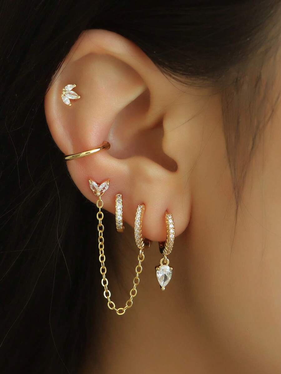 5pcs Elegant Cubic Zirconia Teardrop Pendant Necklace Chain Pierced Earrings Set, Multi-Layer Stacking Earrings For Women, Daily, Party, Holiday Gift