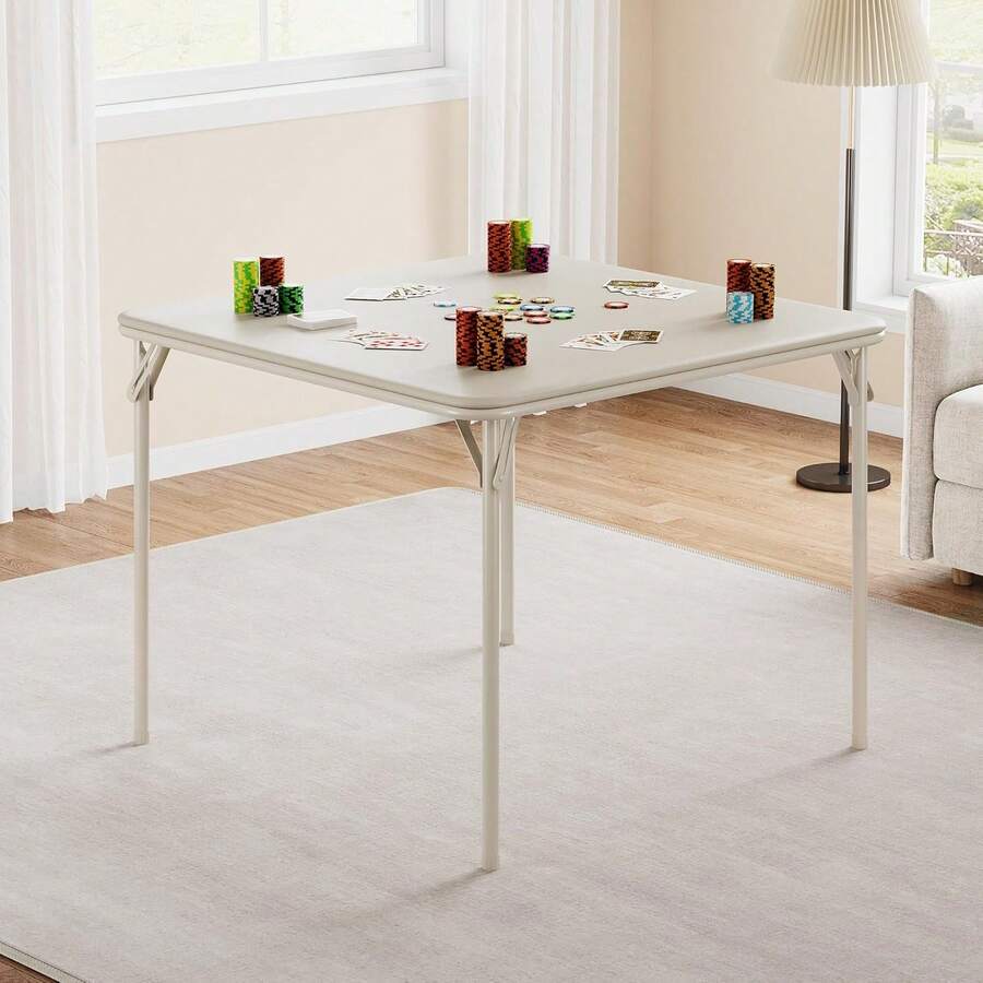 Folding Card Table,33.6" Metal Folding Table With PU Soft Cushion,Portable Square Dining Table For Living Room Office Camping Backyard Patio Balcony (No Chair) - Beis - Ver 1