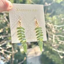 Genuine Green Leaf Earrings, Handmade Pressed Plant Leaf Earrings, Dried Leaf Resin Earrings With Dangling Design, Women's Handmade Jewelry, Birthday And Holiday Gift For Her - 一對 - 查看 3