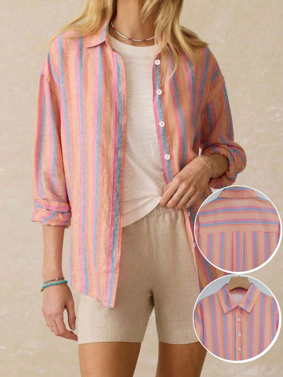 优雅女士商务休闲女装，彩虹条纹印花修身女式衬衫