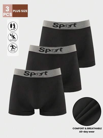 3pcs/Pack Plus Size Men's Simple Casual Fashion Letter Contrast Color Waistband Boxer Briefs, Seamless Comfortable Breathable, Suitable For Running, Boxing, Workout Sports Shorts