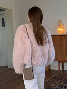 女士优雅粉色仿皮草外套，带口袋，时尚短款皮草大衣，修身剪裁，街头风外套，适合秋冬季节、度假、日常穿着、旅行、下午茶、约会等各种场合。 - 淺粉色 - 查看 10