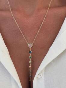 1pc Versatile High-Quality Colorful Zirconia Long Pendant Necklace, Suitable For Women Everyday Wear