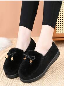 New Women Fashion Personalized Fluffy Warm Minimalist Solid Color Indoor Outdoor Travel Vacation Home Slippers, Thick Plush Slip-On Cozy Soft Bottom Casual Outdoor Wear Shoes For Winter - Black - View 5