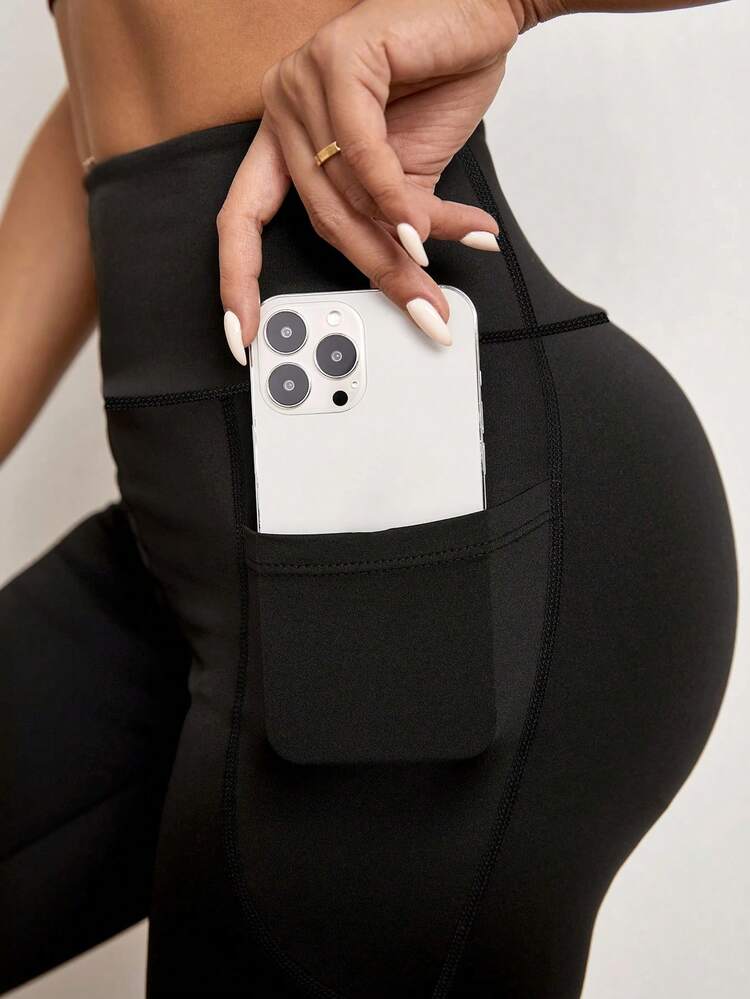 大码女式喇叭瑜伽裤，高腰弹力休闲裤，带口袋，修身时尚打底裤，适合秋冬 - 黑色 - 查看 3