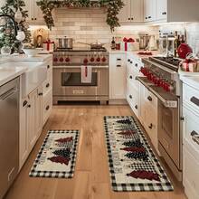 1/2/3pcs Black & White Plaid Christmas Tree & Merry Christmas Kitchen Mat Set, Subtle Winter Home Decor Kitchen Carpet - Multicolor - View 13