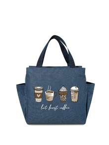 A Thermal Lunch Bag With Four Cups Of Black Coffee And A Heart, Leopard Print Pattern Printed On It,Insulated Bag With The "Lut Furst Caffee" Pattern Paired With A Black Cutlery Storage Bag