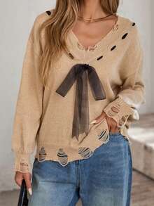 女式 V 领蝴蝶结系带做旧设计长袖套头衫，百搭秋冬装