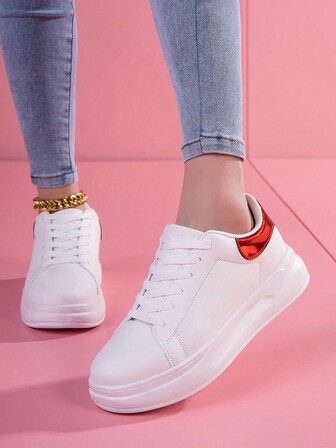 Women's Red & White Contrast Color Classic Fashion Lace-Up Soft Bottom Shoes, Comfortable Elevated Wear-Resistant, Versatile For Autumn/Winter, Suitable For Commuting, Gatherings, Walking, Work, School, Casual Sneakers