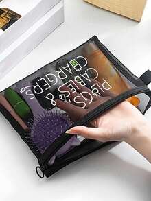 Mesh Cosmetic Bag With Data Cable Pattern,Charger Letter Pattern Design,Red Air Cushion Storage Portable Storage Bag, Makeup Bag, Skincare Bag, Travel Essentials, Dormitory Supplies, Wedding Bride Gifts, Mother Gifts, Birthday Gifts, Gifts For Friends And Teachers, Bathroom Storage, Jewelry Storage, Lip Oil And Cosmetics Storage Bag