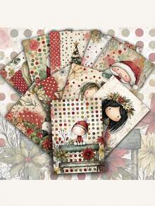 1/20pcs Cute Polka Dot Christmas Girl Paper Mailing Cards - Christmas Junk Journal Paper, Classic Girl Illustration, Santa Hat And Warm Winter Scene, Collectible Decorative Cards, Collectible Scrapbook Decorative Cards, Crafting, Holiday Gifts, Scrapbooking Supplies, Vintage Design, High Quality Print, Handmade Texture, Perfect For Journaling Lovers And Crafting Lovers, Scrapbooking And Crafting