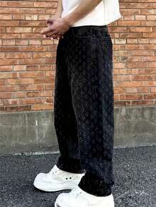 Black Jacquard Full Print Flared Jeans Men's European And American High Street Vibe Straight Loose Narrow Version Casual Wide Leg Pants - 黑色 - 查看 2