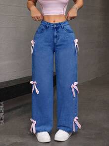 Women's Casual And Fashionable Loose Straight Leg Jeans, Paired With Bow Decorations, Charming And Beautiful, Suitable For All Seasons, Mid Waist Shooting, Suitable For Parties/Dances, Parties, Birthday Parties, Banquets, Nightclubs, Nightclubs, Music Festivals, Concerts - Màu xanh lam - Xem 2