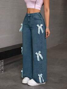 Women's Casual And Fashionable Loose Straight Leg Jeans, Paired With Bow Decorations, Charming And Beautiful, Suitable For All Seasons, Mid Waist Shooting, Suitable For Parties/Dances, Parties, Birthday Parties, Banquets, Nightclubs, Nightclubs, Music Festivals, Concerts - 寶藍色 - 查看 5