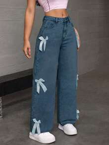 Women's Casual And Fashionable Loose Straight Leg Jeans, Paired With Bow Decorations, Charming And Beautiful, Suitable For All Seasons, Mid Waist Shooting, Suitable For Parties/Dances, Parties, Birthday Parties, Banquets, Nightclubs, Nightclubs, Music Festivals, Concerts - 寶藍色 - 查看 2