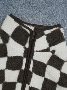 Ins Style Checkerboard Fleece Vest For Women, Cropped Sleeveless Jacket, Retro Square Grid Pattern Loose Waistcoat, Autumn/Winter Black - Black - View 7