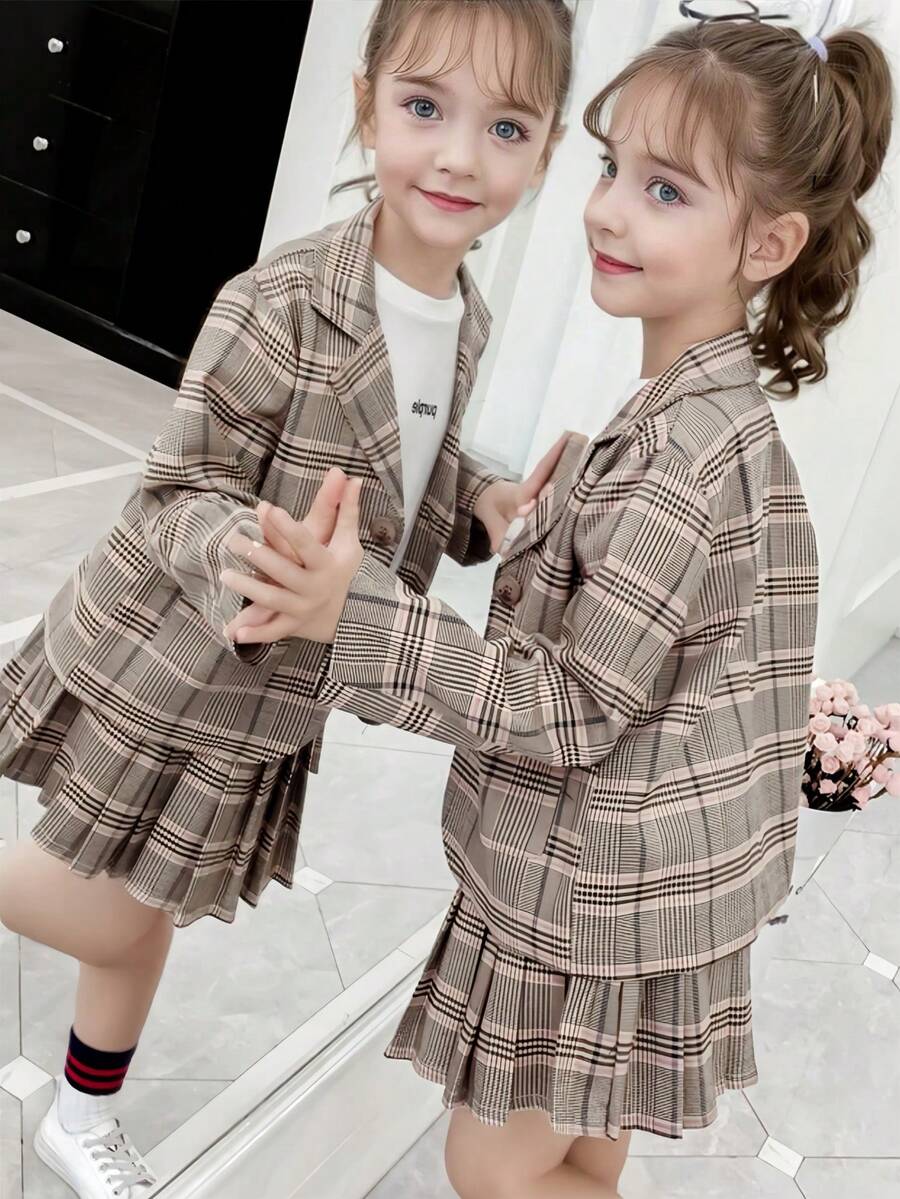 New Girls' Suit Set, Plaid Blazer Jacket & Pleated Skirt 2 Pieces Outfit, JK Style School Uniform For Tween Girl - Khaki - View 1