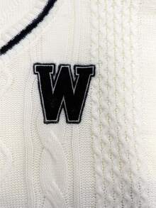 Maglione da donna con scollo a V, stile college retrò americano, moda autunno/inverno 2025, maniche lunghe, lasco e ampio, con motivo jacquard a lettera