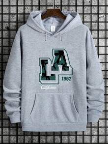 [Polyester Casual Hoodie] Polyester Stylish Men's Casual Hoodie - Machine Washable, Kangaroo Pocket, Letter Print - Fall & Winter Pullover - Màu Xám nhạt - Xem 7