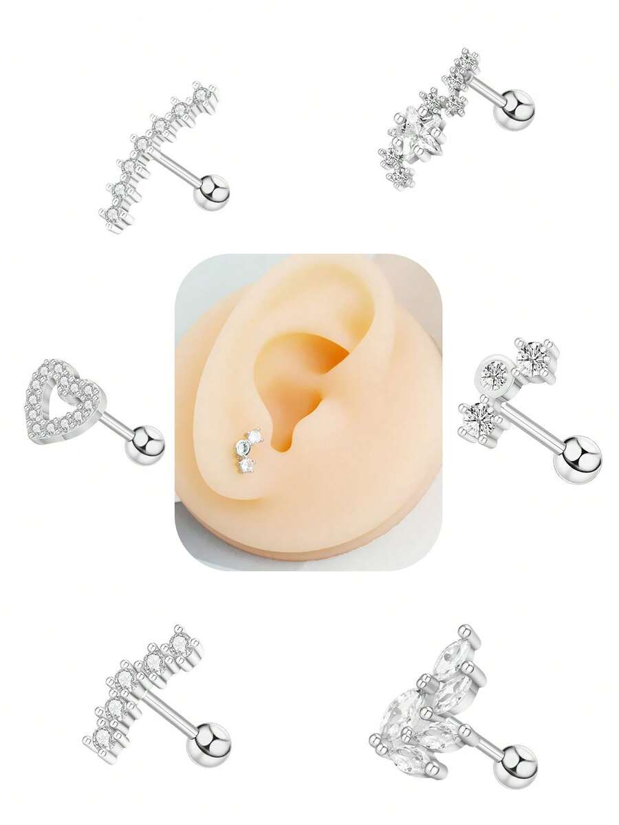 1 pièce Boucle d'oreille à tige en acier inoxydable zirconium argent décontractée, bijou de piercing de cartilage unisexe de luxe pour usage quotidien