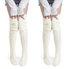 1 Pair Of Women's Over-The-Knee High Socks, Over-The-Knee Knitted Boots And Socks, Warm And Fashionable Warm Leg Covers For Winter, Solid Color Over-The-Knee Knitted Striped And Twisted Pattern Socks, Christmas Clothing, Warm Accessories, Y2k - màu đen - Xem 4