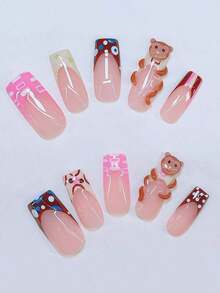 10Pcs Y2K Nails Pipe-Shaped Press On Nails Set - Handcrafted, Yellow Nails, Yellow French Tip Style, Hand Drawn Yellow And Pink Stripe French Style, Handmade 3D Monkey And Handmade 3D Banana Pattern, Hand Drawn Transparent 3D Pattern Design - Suitable For Women And Girls, Party, Wedding Nail Supplies Nails - 多色 3 - 查看 3