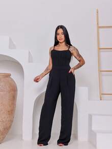 Macacão lomgo boca larga Simples Poliéster femenino verão