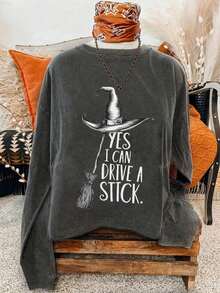 Witch Hat Yes, I Can Drive A Stick Halloween Broomstick Funny Graphic Print Long Sleeve T-Shirt, Casual Crew Neck Women Tee For Fall, Nightmare Before Christmas-Unisex Casual Vintage - Style Cotton Long - Sleeved Top - 深灰色 - 查看 4
