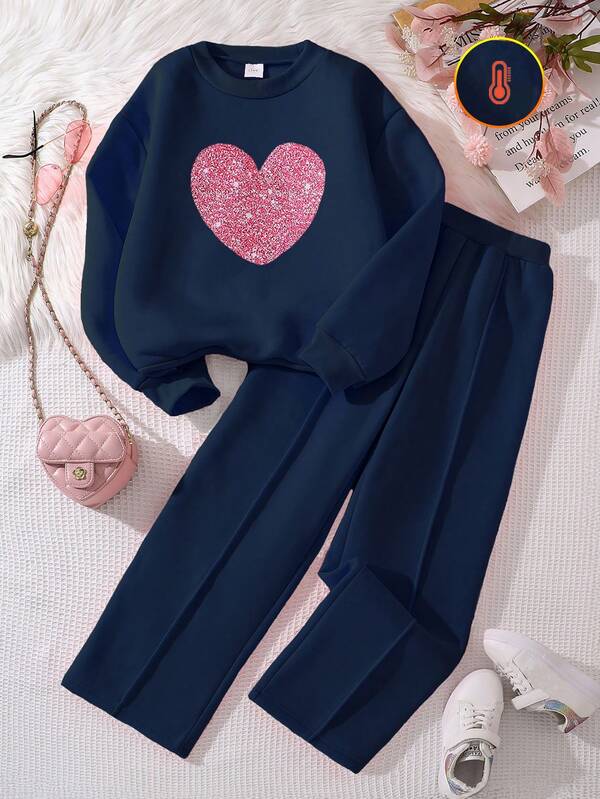 Left Mama 2pcs/Set Tween Girls Floral Print Thermal Lined Long Sleeve Top And Straight Pants Set, Autumn/Winter