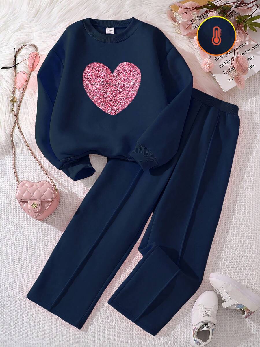 Left Mama 2pcs/Set Tween Girls Floral Print Thermal Lined Long Sleeve Top And Straight Pants Set, Autumn/Winter