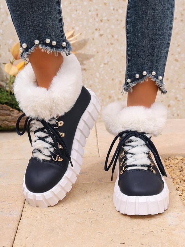 Damen Flauschige Schnürstiefeletten mit dicker Sohle, flauschiger Kragen für Wärme und Niedlichkeit, Schnürdesign für einen engen Sitz, dicke Sohle für Mode und Komfort, geeignet für Herbst-/Winterausflüge, um aufzufallen und warm zu bleiben, Damen Lässig Segeltuch Schuhe, Damen High-Top Segeltuch Schuhe, Damen flache dünne Riemen atmungsaktive Lässig Schuhe, Damen modische Schuhe mit schwarzer Kante und gewebter Sohle