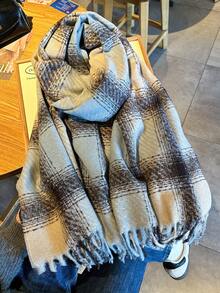 1 buc Eșarfă de damă din cașmir artificial, vintage, albastru, în carouri, casual, de lux - super moale, caldă și confortabilă, nu se întinde, rezistentă la frig, cu garnitură elegantă cu ciucuri, șal la modă, potrivit pentru toamnă/iarnă - Multicolor - Vizualizare 3