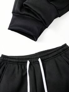 男士休闲半拉链连帽衫和宽松工装裤套装，户外简约风格 - 藏蓝色 - 查看 6