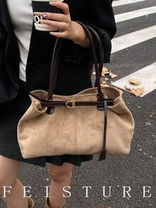 1pc Faux Suede Fashion Color Block Handbag, Strap Decor Shoulder Bag, Magnetic Closure, Suitable For Daily Outing, Dating, Commuting - Khaki - View 5